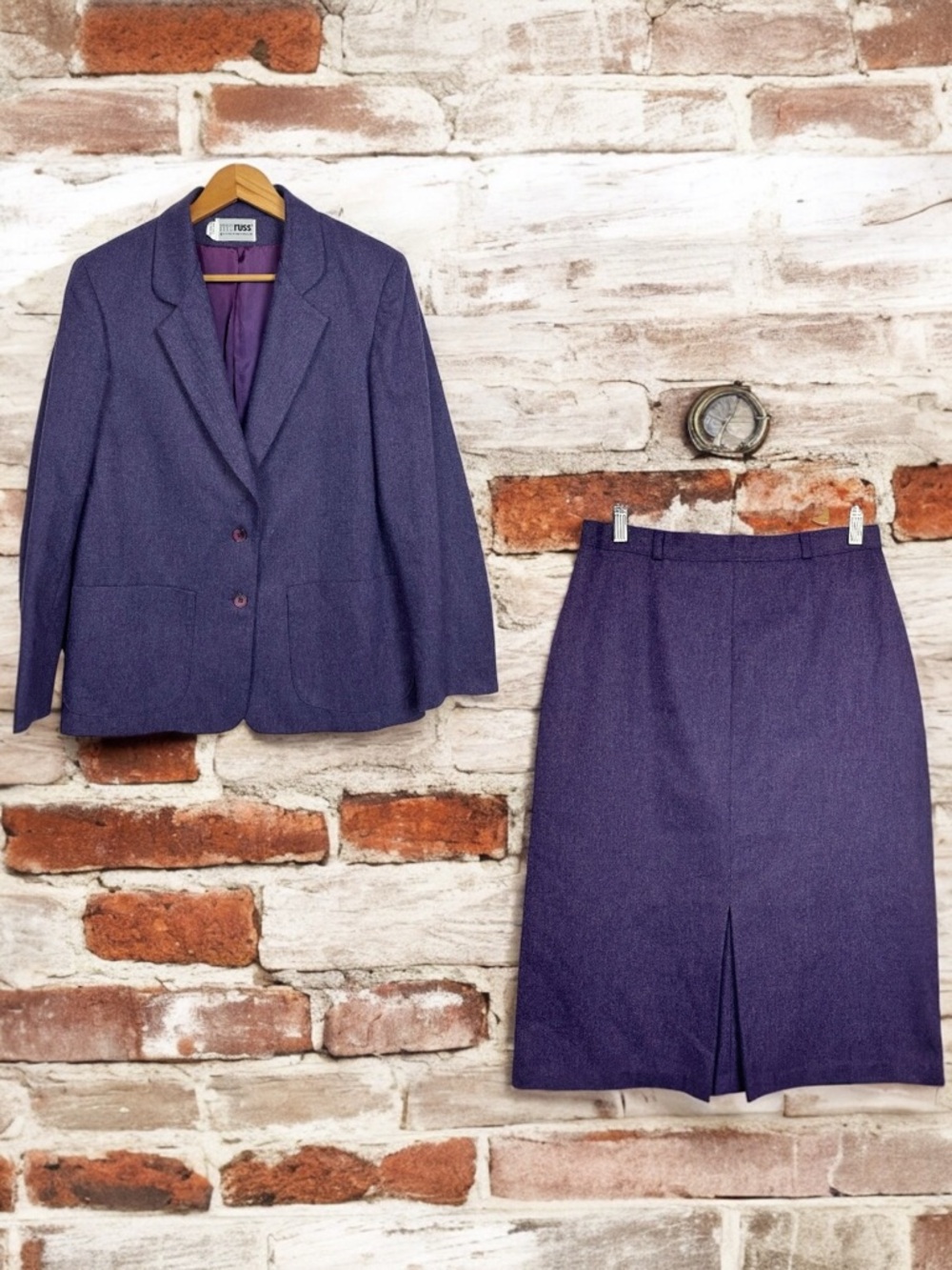 Russ Togs Vintage 70s Union Made In USA Wool Lined Blazer Midi Skirt Suit Set 12